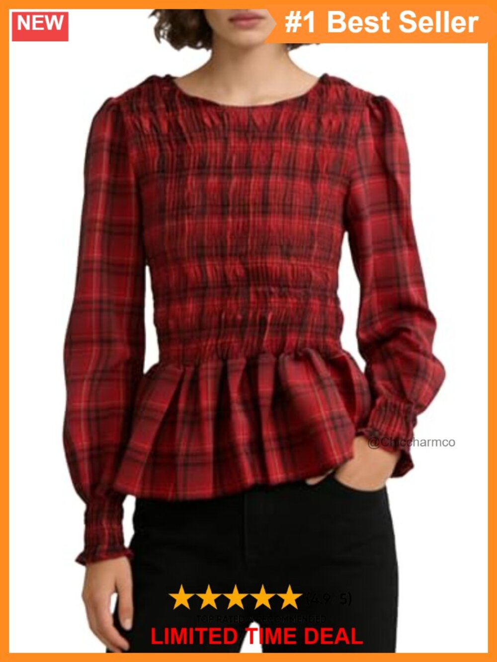 Women's Smocked Ruffle Hem Plaid Blouse Vintage Puff Sleeve Peplum Babydoll Top